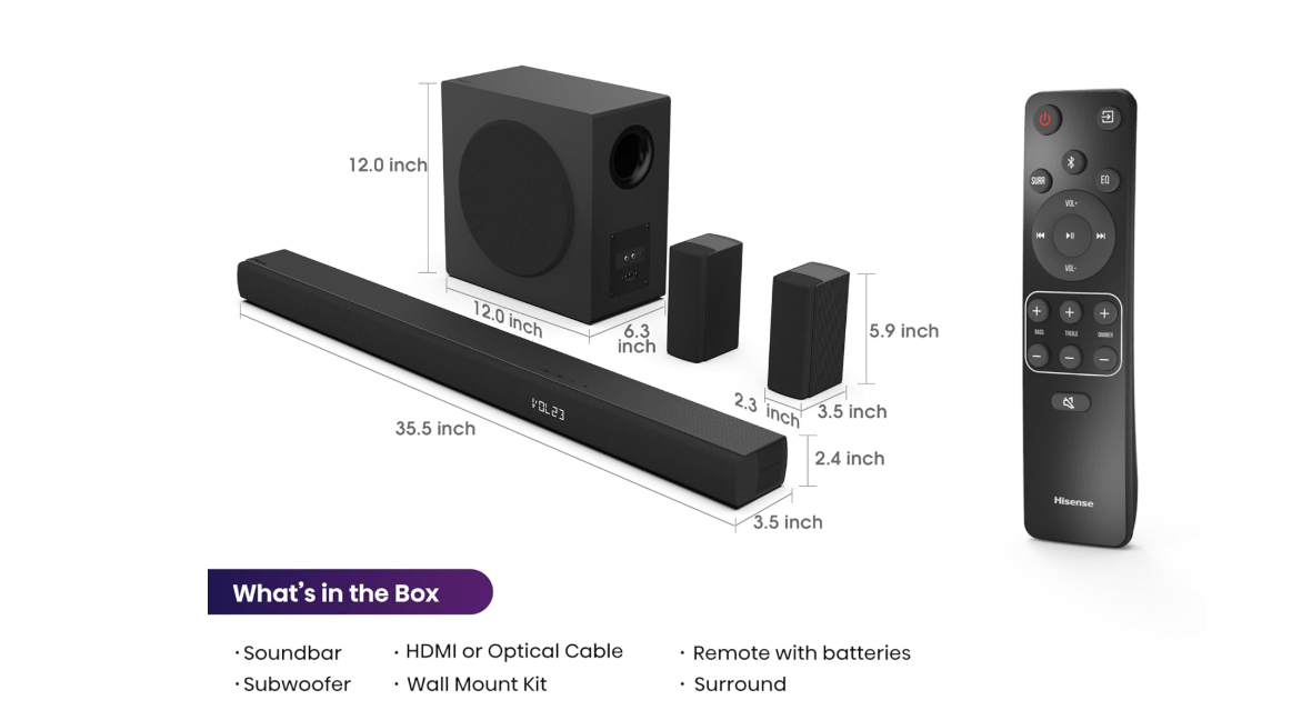 Hisense HS5100 5.1ch Soundbar with Wireless Subwoofer & Rear Speakers - Image 3
